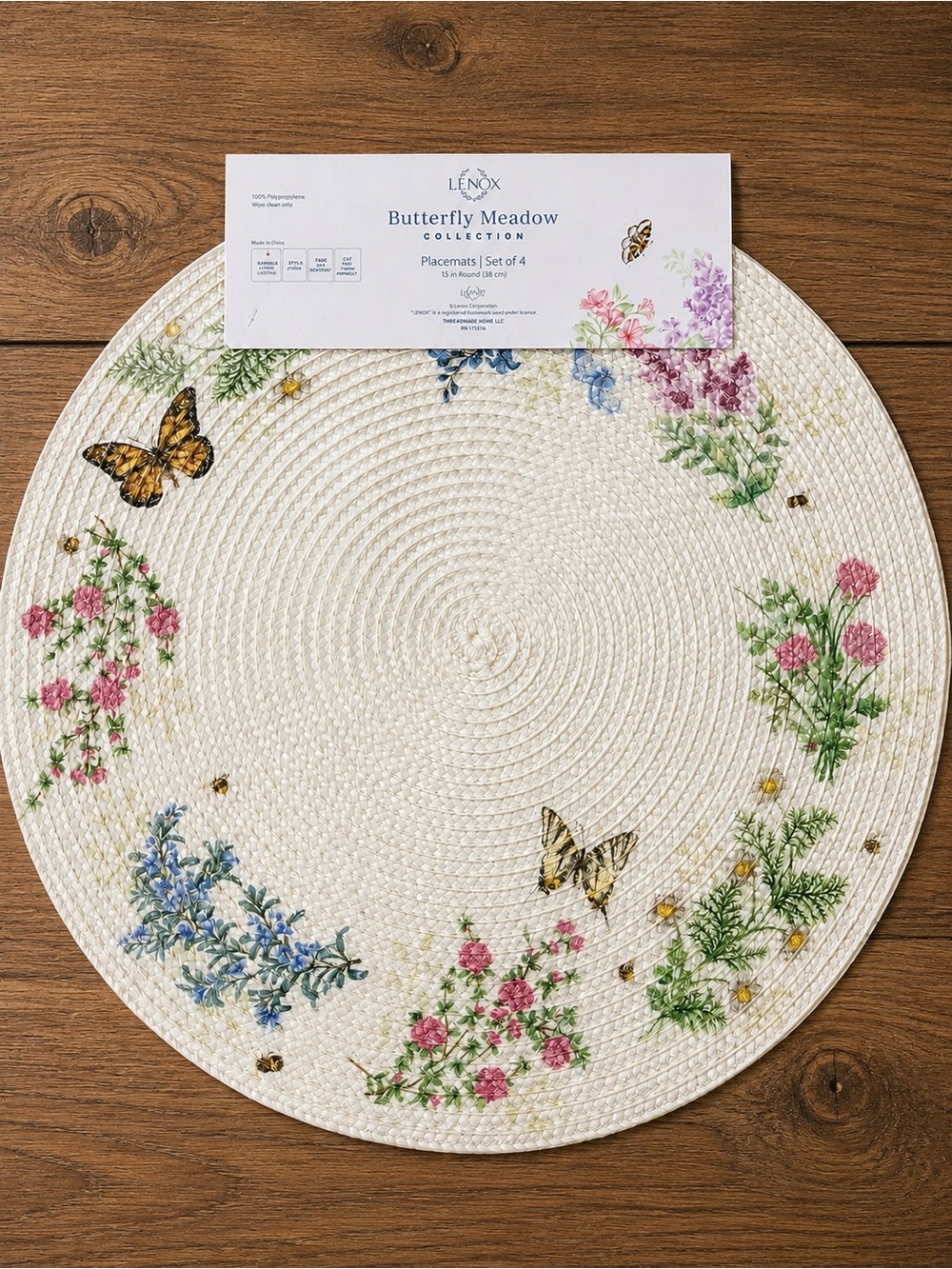 Lenox Butterfly Meadow Round Placemats - Set of 4 - Woven Floral Placemats NWT